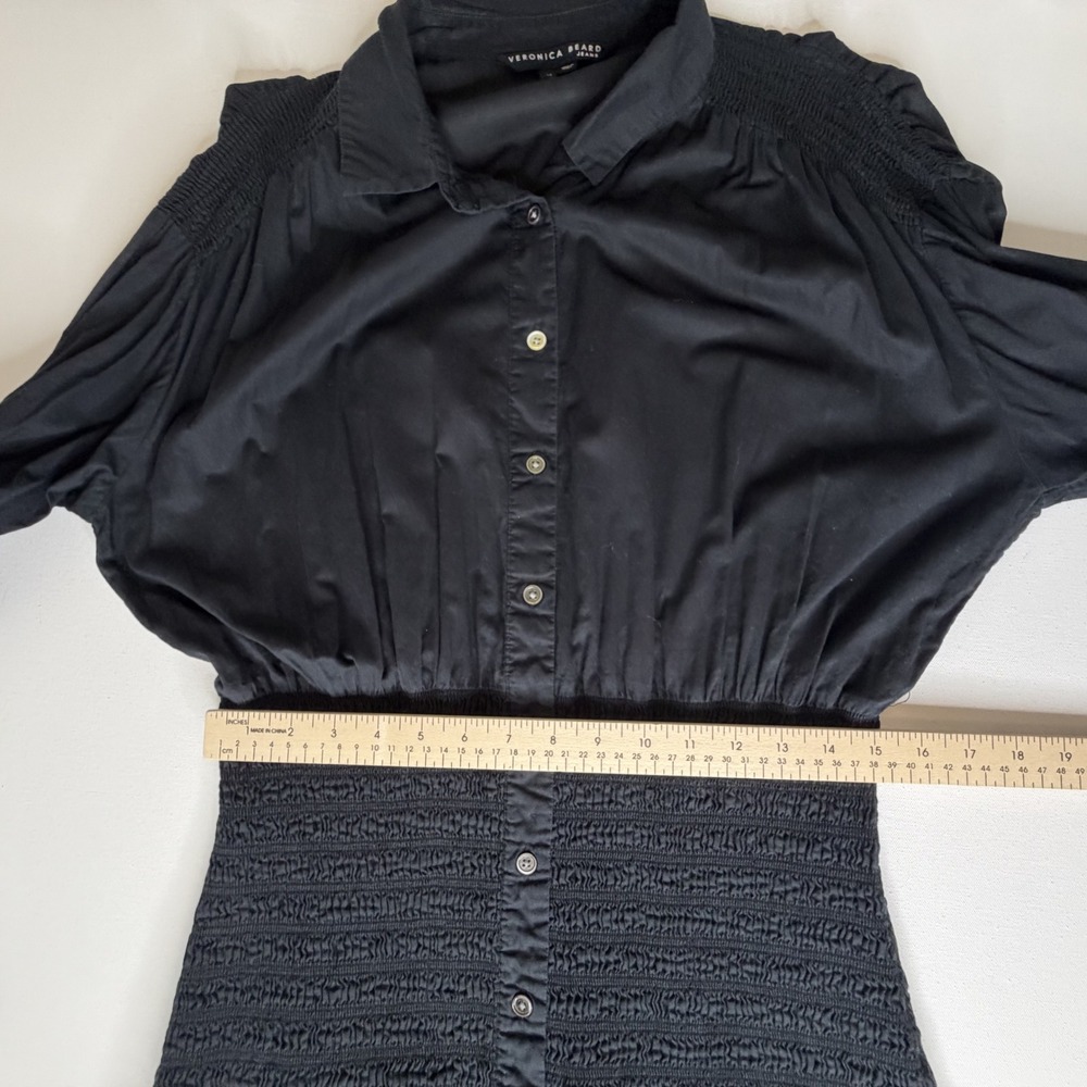 Veronica Beard Newport Dress Size 14 Black Cotton Smocked Minimalist Stretch LBD - Picture 15 of 16